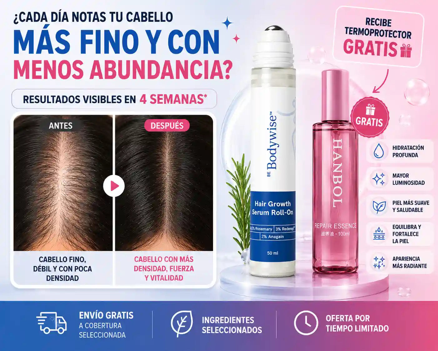 🩵 Be Bodywise Roll-On Capilar + Termoprotector GRATIS 🎁 + Envío GRATIS 🚚